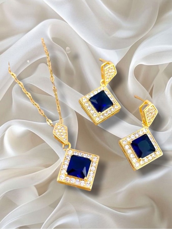 Anthropologie Jewelry - Set! gold color plated Luxury Blue Crystal SetGold Necklace Earrings Evening